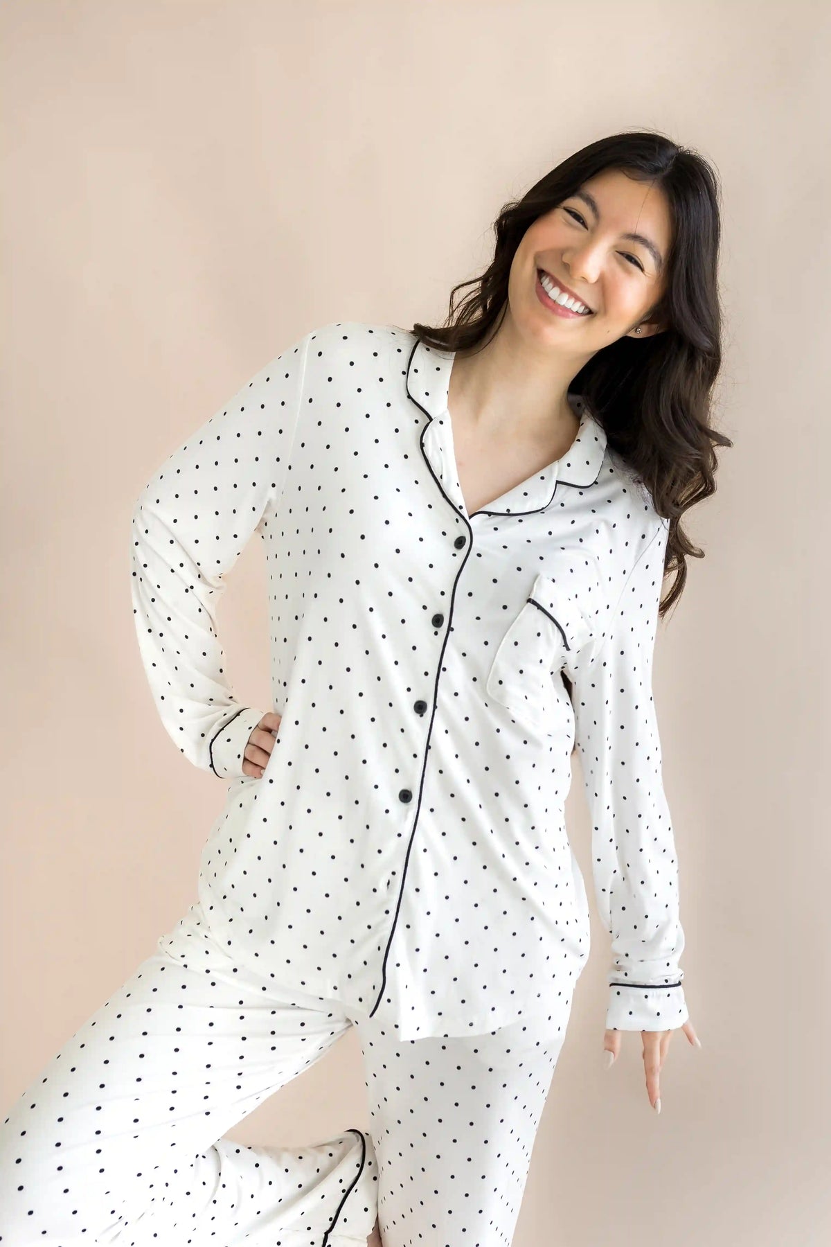 Long-Sleeved Women's Pajama Set in Midnight Polka Dot