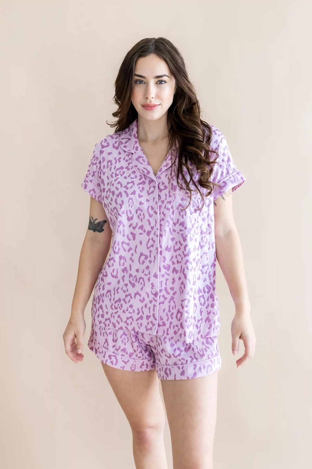 Women's Short Sleeve Pajama Set in Thistle Leopard