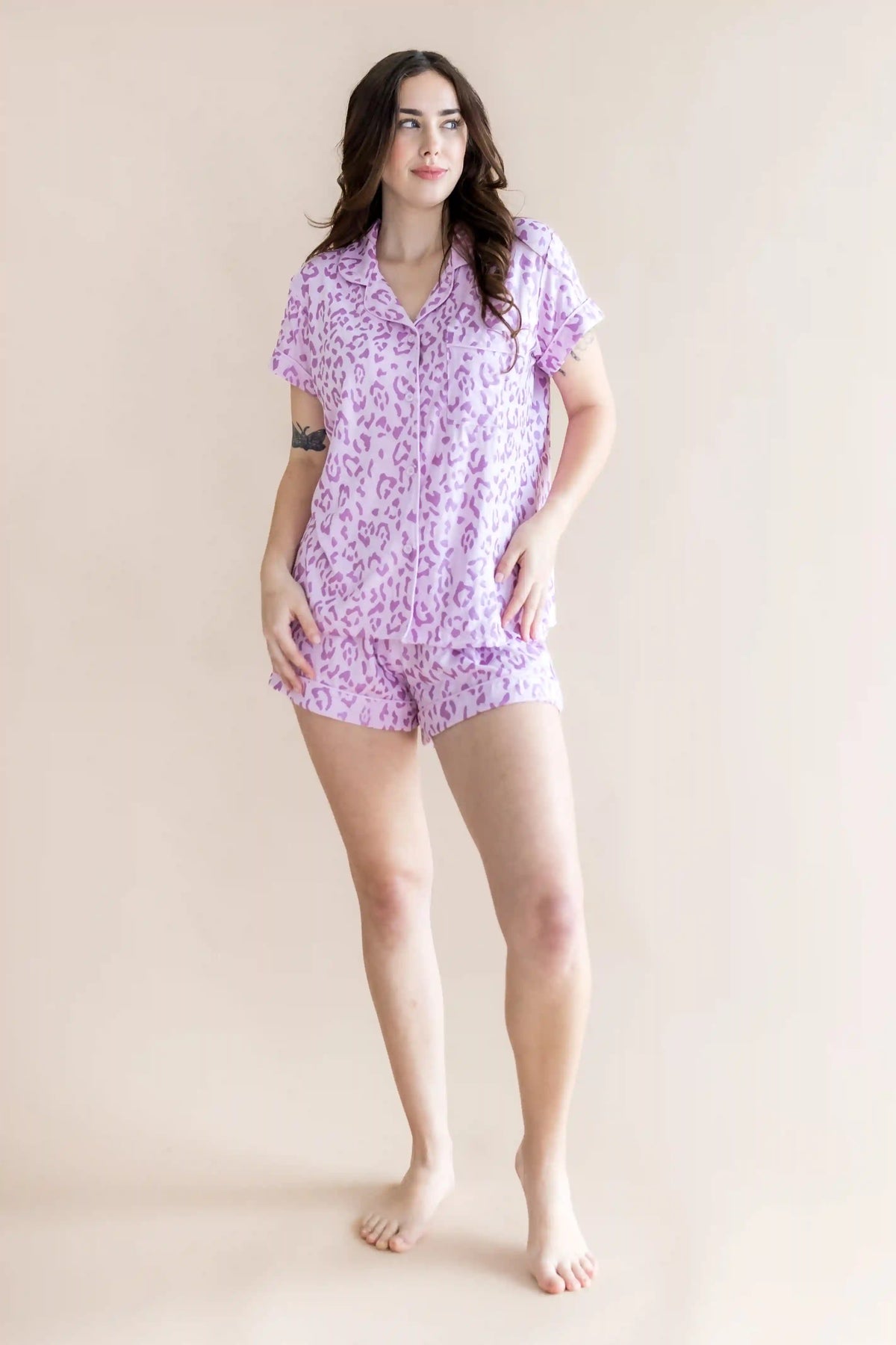 Women's Short Sleeve Pajama Set in Thistle Leopard